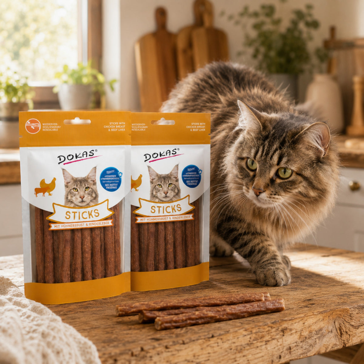 Dein Fellnasen Shop Dokas Katzensticks mit Hühnerbrust und Rinderleber neben einer Katze auf einem Holztisch