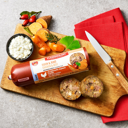 Fleischeslust Dog - Huhn & Rind mit Süßkartoffel, Hagebutte & Ginko für Senioren