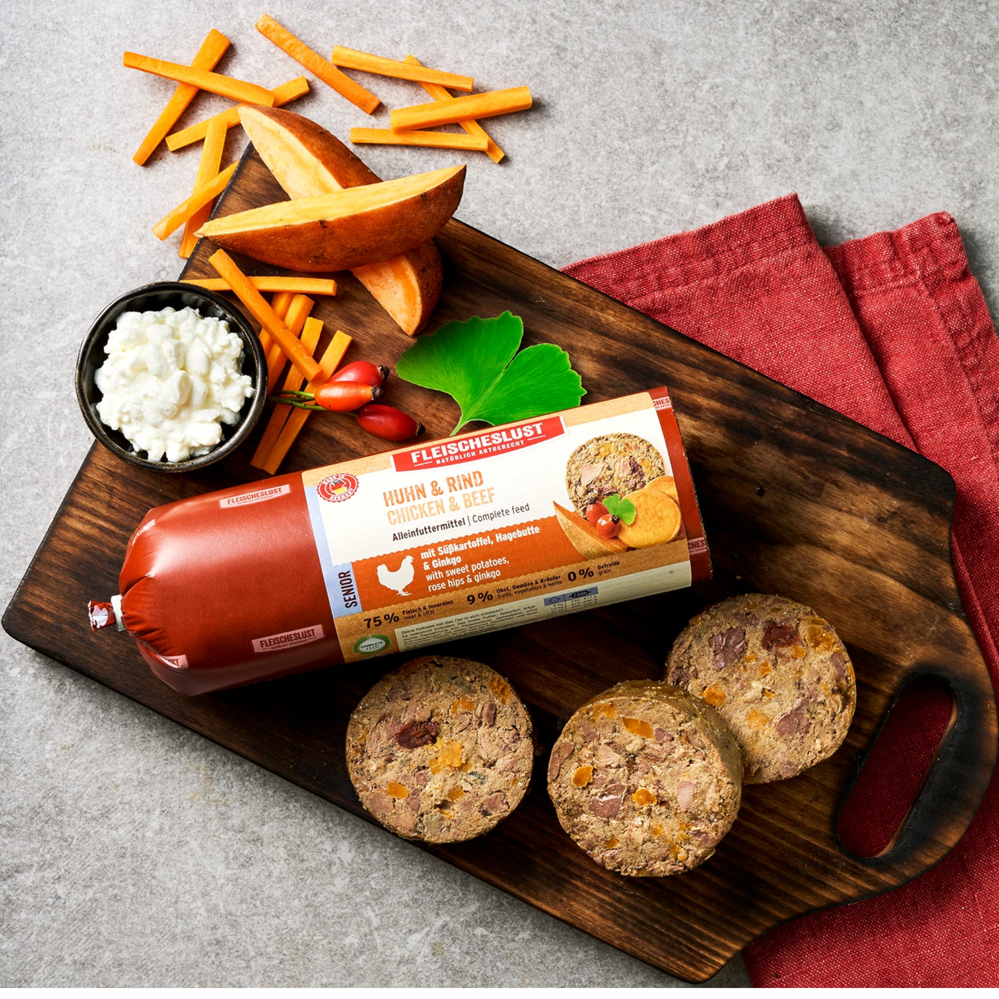 Fleischeslust Dog - Huhn & Rind mit Süßkartoffel, Hagebutte & Ginko für Senioren