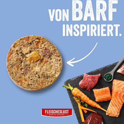 Fleischeslust Dog - Lachs mit Rind, Karotte, Kürbis & Spirulina