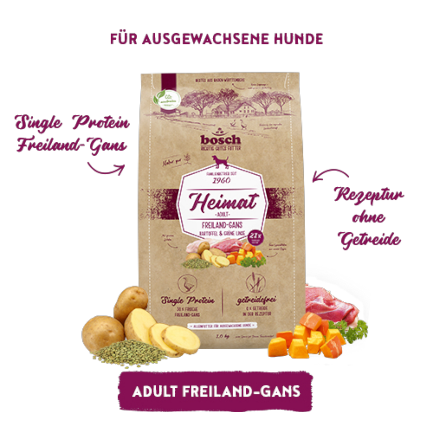 bosch Heimat Adult – Getreidefreies Single-Protein-Menü mit frischer Freiland-Gans