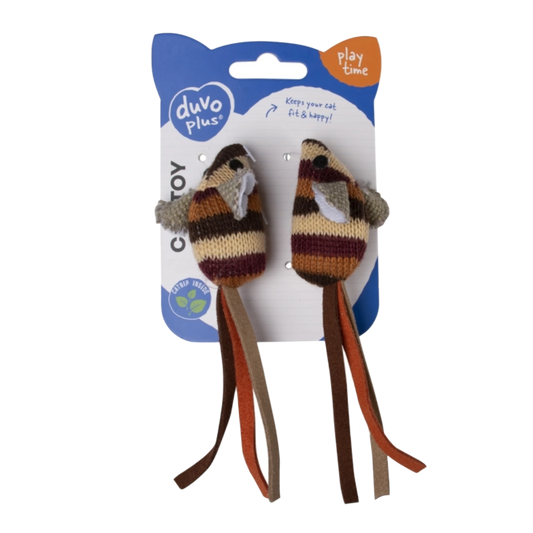 Katzen-Spielzeug im Doppelpack – Strickmaus mit Leder-Schwanz & Katzenminze