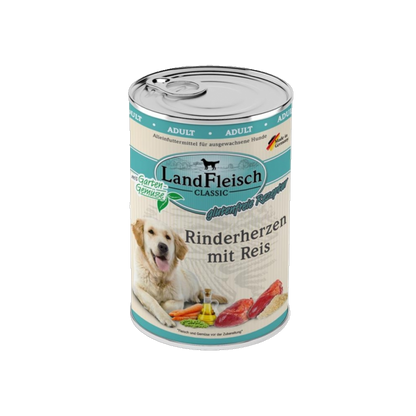 LandFleisch Dog Classic – Rinderherzen mit Reis & Gartengemüse
