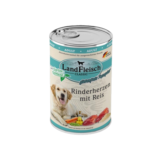 LandFleisch Dog Classic – Rinderherzen mit Reis & Gartengemüse