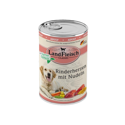 Landfleisch Dog Classic – Rinderherzen mit Nudeln & Gartengemüse
