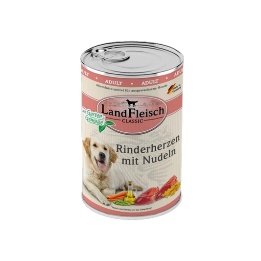Landfleisch Dog Classic – Rinderherzen mit Nudeln & Gartengemüse