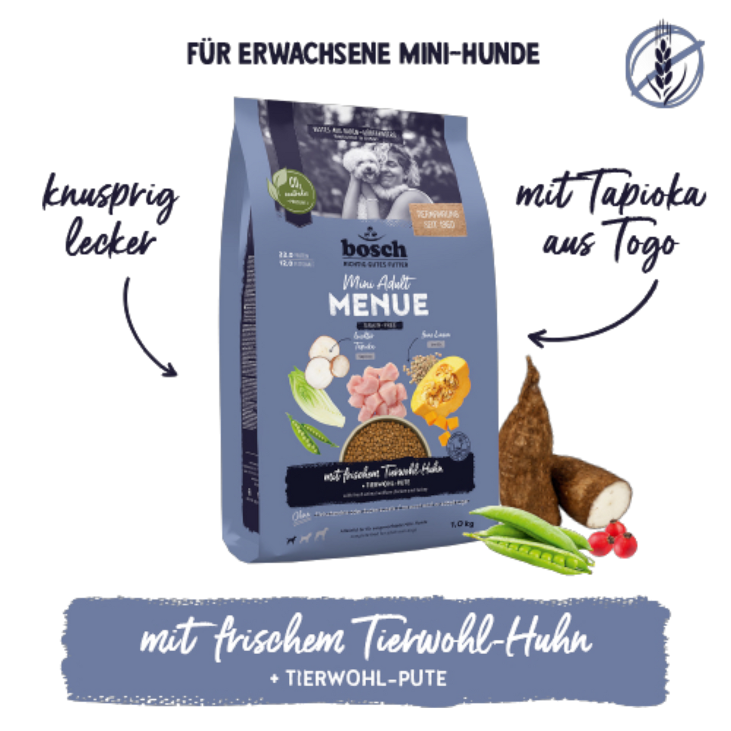 bosch MENUE Mini Adult – Getreidefreies Knuspermenü mit frischem Tierwohl-Huhn