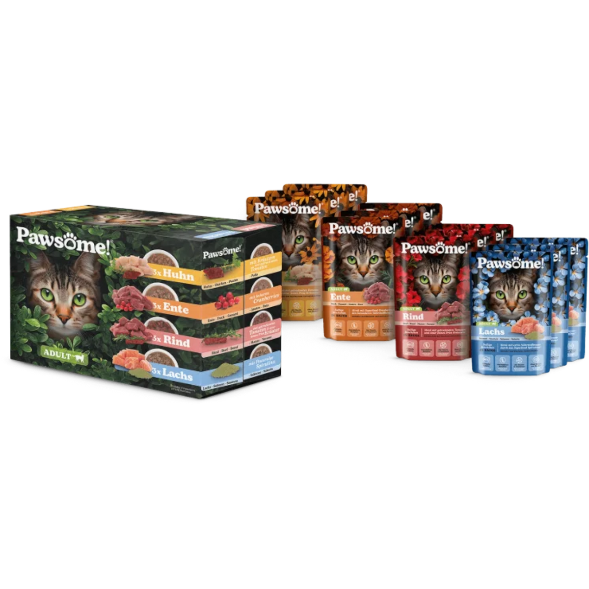 Pawsome Cat - 12er Multipack mit Huhn, Ente, Rind & Lachs
