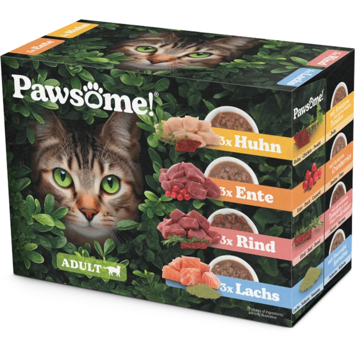 Pawsome Cat - 12er Multipack mit Huhn, Ente, Rind & Lachs