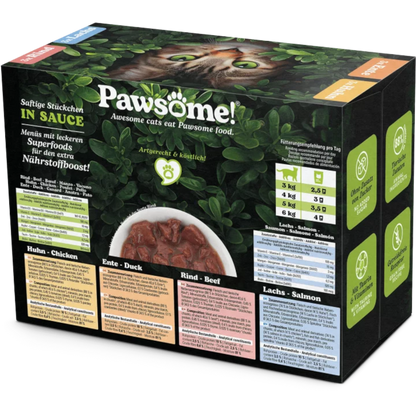 Pawsome Cat - 12er Multipack mit Huhn, Ente, Rind & Lachs