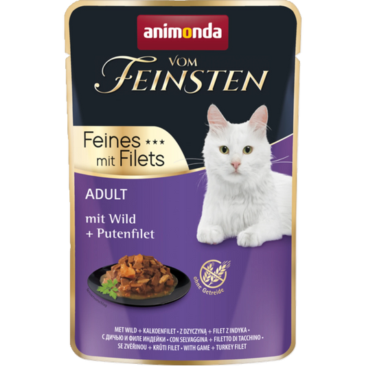 Vom Feinsten Adult Feines mit Filets – Wild & Putenfilet – Edles Nassfutter für anspruchsvolle Katzen