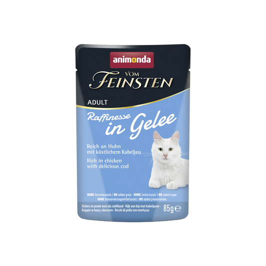 Vom Feinsten Adult Raffinesse in Gelee – reich an Huhn mit Kabeljau Ein smartes Upgrade für den täglichen Speiseplan anspruchsvoller Stubentiger.