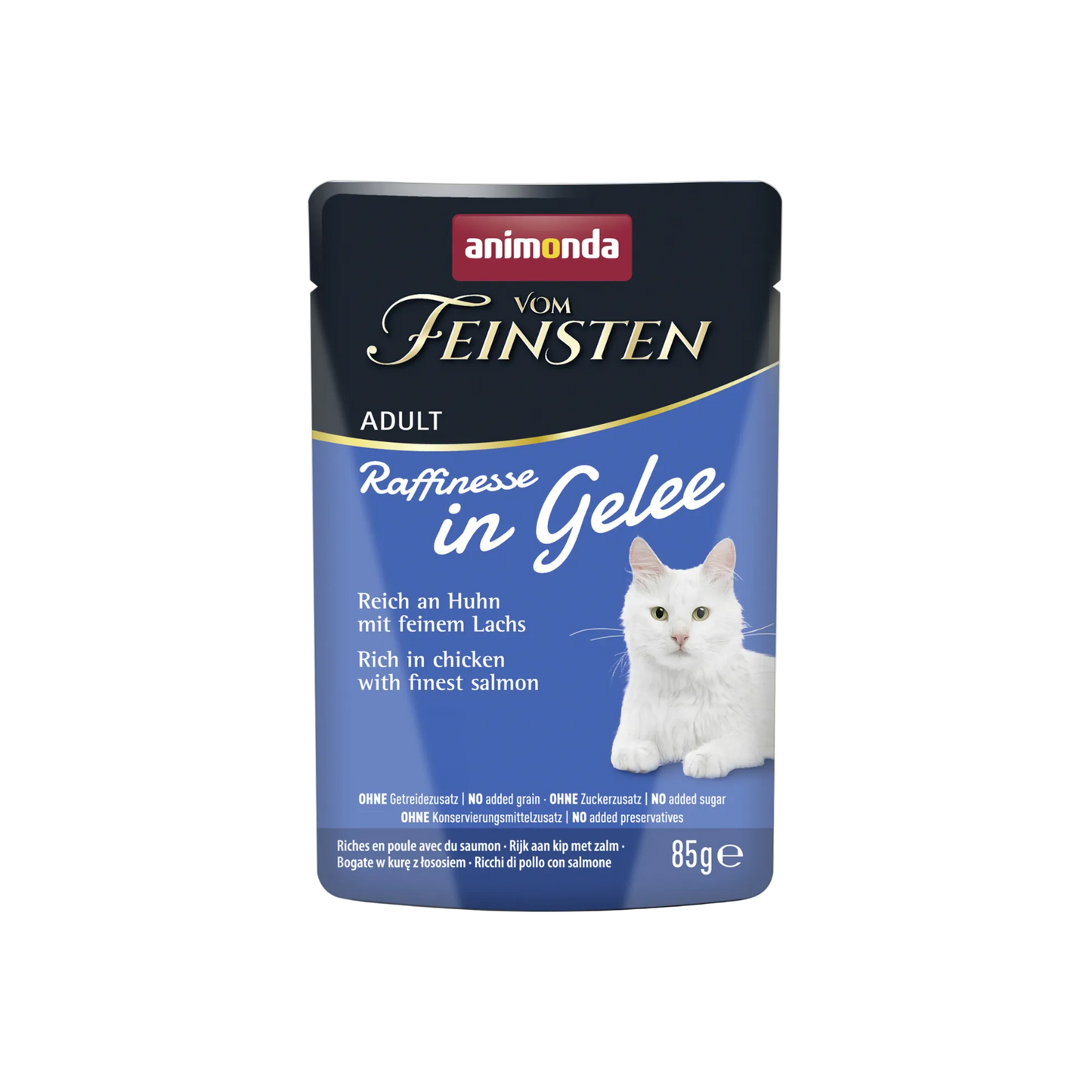 Vom Feinsten Adult Raffinesse in Gelee – reich an Huhn mit Lachs Ein geschmackliches Highlight für anspruchsvolle Katzen, die Abwechslung schätzen.