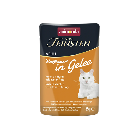 Vom Feinsten Adult Raffinesse in Gelee – reich an Huhn mit Pute Ein Premium-Menü, das anspruchsvolle Katzen sofort begeistert.