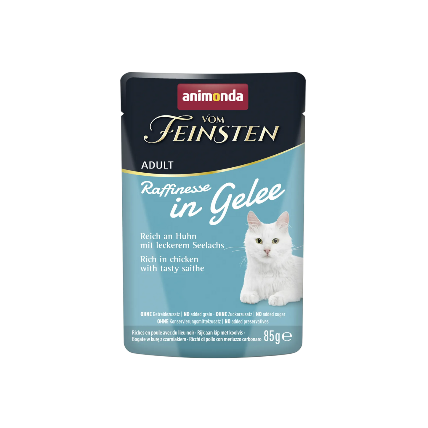 Vom Feinsten Adult Raffinesse in Gelee – reich an Huhn mit Seelachs Ein Genusskonzept, das anspruchsvolle Stubentiger nachhaltig abholt.