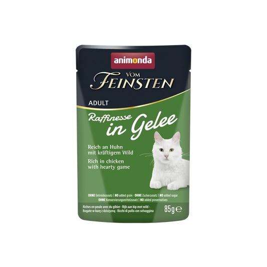 Vom Feinsten Adult Raffinesse in Gelee – reich an Huhn mit Wild Für Katzen, die gastronomische Highlights erwarten.