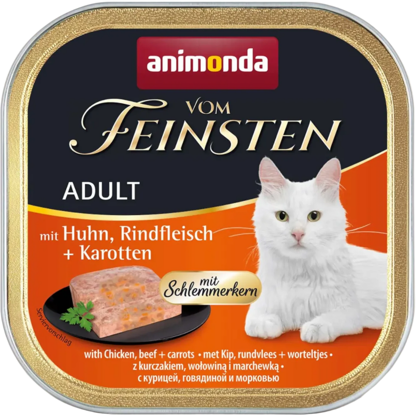Vom Feinsten Adult Schlemmerkern – Huhn, Rindfleisch + Karotten Premium-Pastete mit Überraschungseffekt.