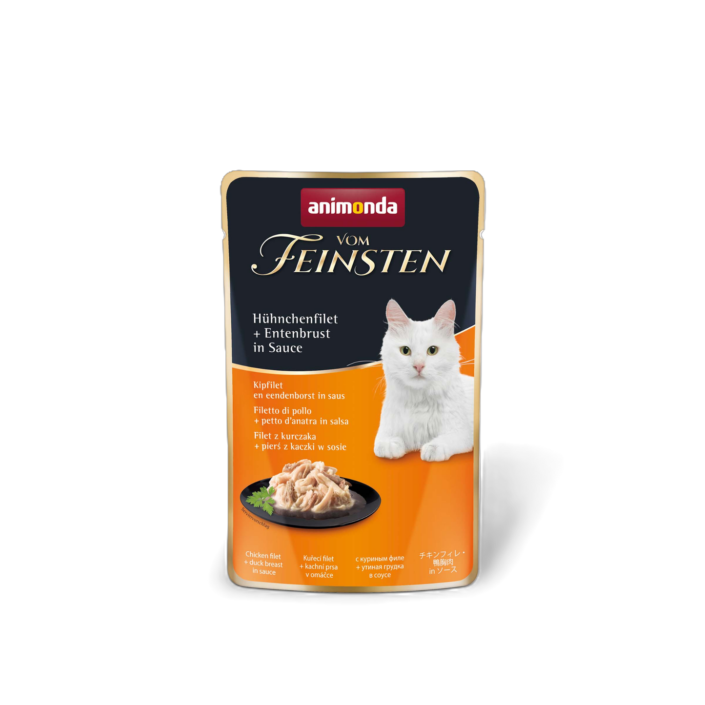 Vom Feinsten Adult in Sauce – Hühnchenfilet & Entenbrust Zarte Filetstreifen. Feine Sauce. Premiumgenuss für anspruchsvolle Katzen.