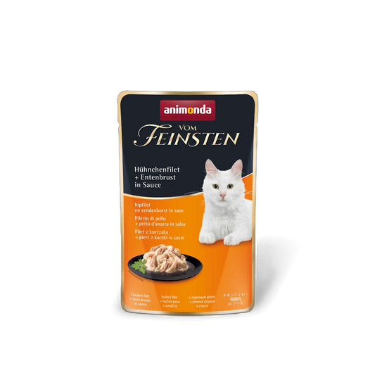 Vom Feinsten Adult in Sauce – Hühnchenfilet & Entenbrust Zarte Filetstreifen. Feine Sauce. Premiumgenuss für anspruchsvolle Katzen.