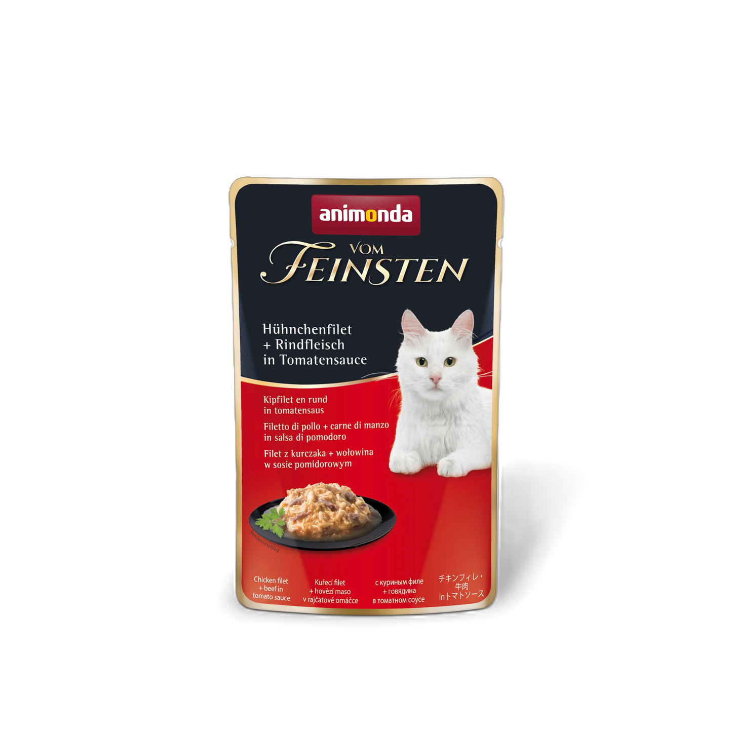 Vom Feinsten Adult in Sauce – Hühnchenfilet & Rindfleisch in Tomatensauce Feine Filetstreifen, zartes Rind und fruchtige Tomatensauce – Genussstrategie für anspruchsvolle Katzen.