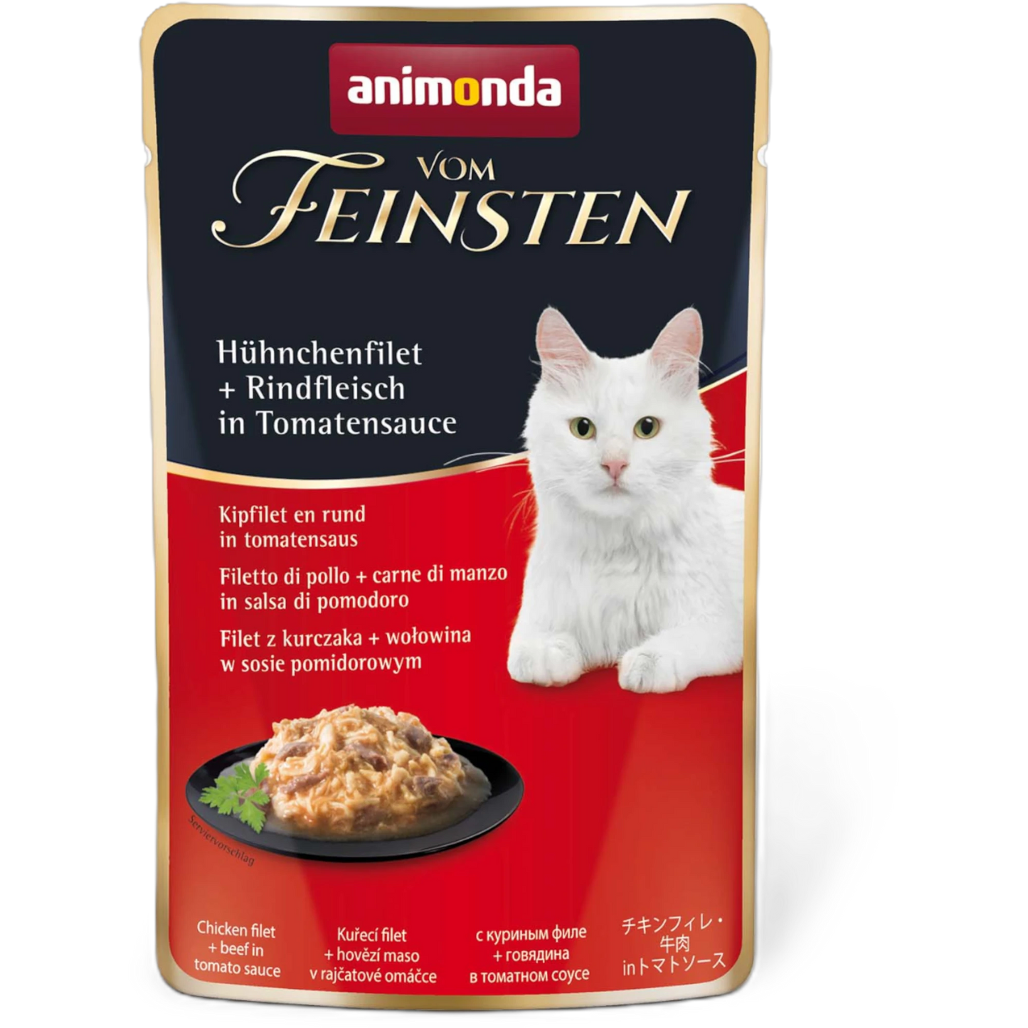 Vom Feinsten Adult in Sauce – Hühnchenfilet & Rindfleisch in Tomatensauce Feine Filetstreifen, zartes Rind und fruchtige Tomatensauce – Genussstrategie für anspruchsvolle Katzen.