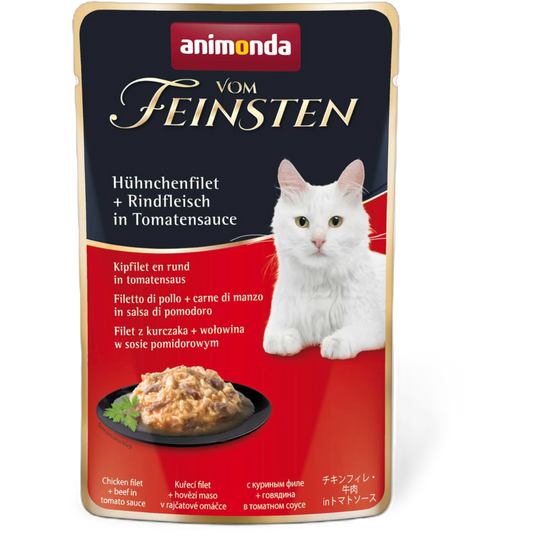 Vom Feinsten Adult in Sauce – Hühnchenfilet & Rindfleisch in Tomatensauce Feine Filetstreifen, zartes Rind und fruchtige Tomatensauce – Genussstrategie für anspruchsvolle Katzen.