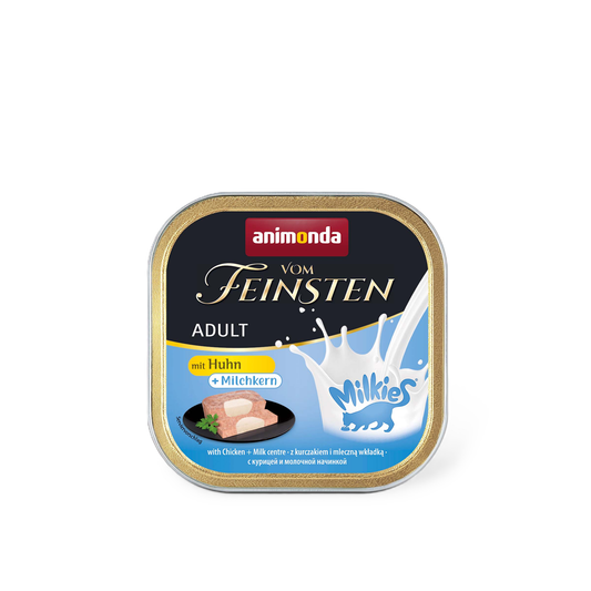 Vom Feinsten Adult mit Milkies-Kern – Huhn + Milchkern Premium-Pastete mit cremigem Überraschungskern.