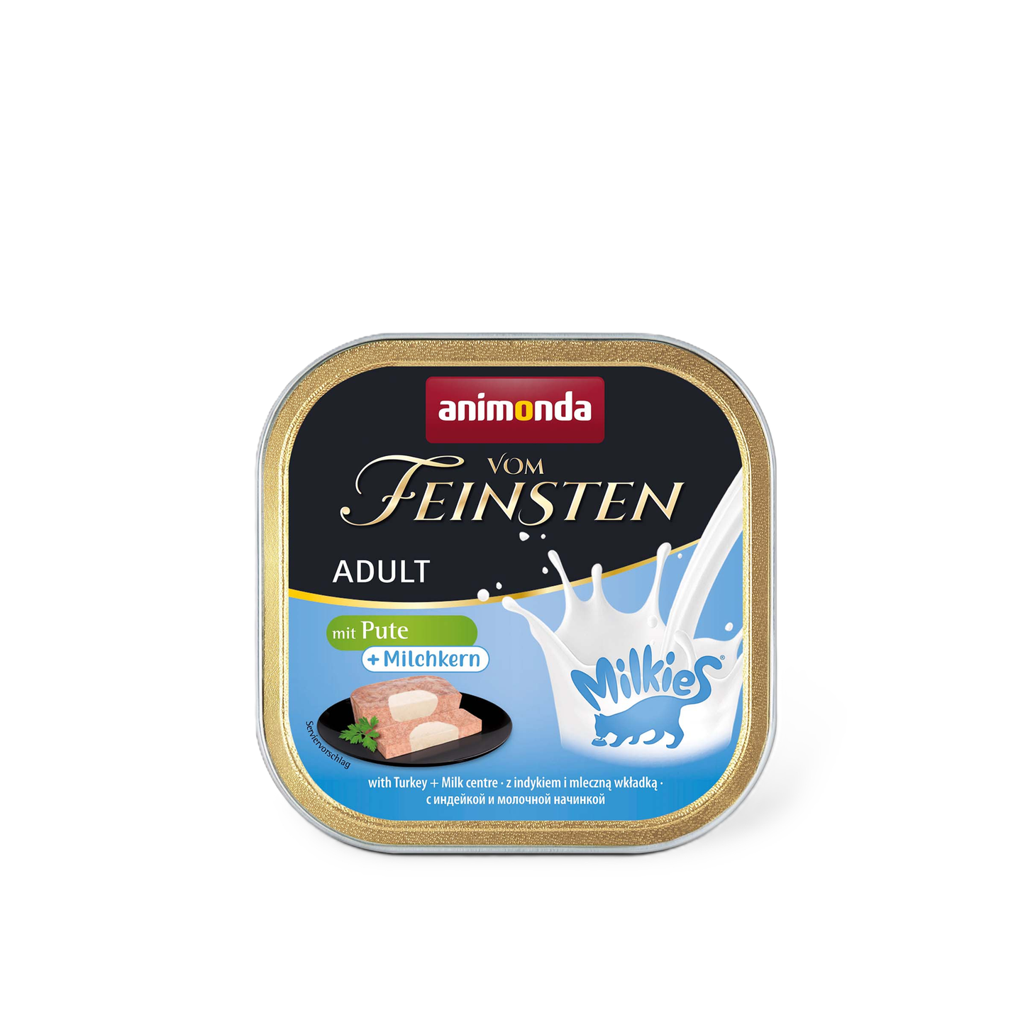 Vom Feinsten Adult mit Milkies-Kern – Pute + Milchkern Feine Pastete mit cremigem Kern für verwöhnte Katzengourmets.