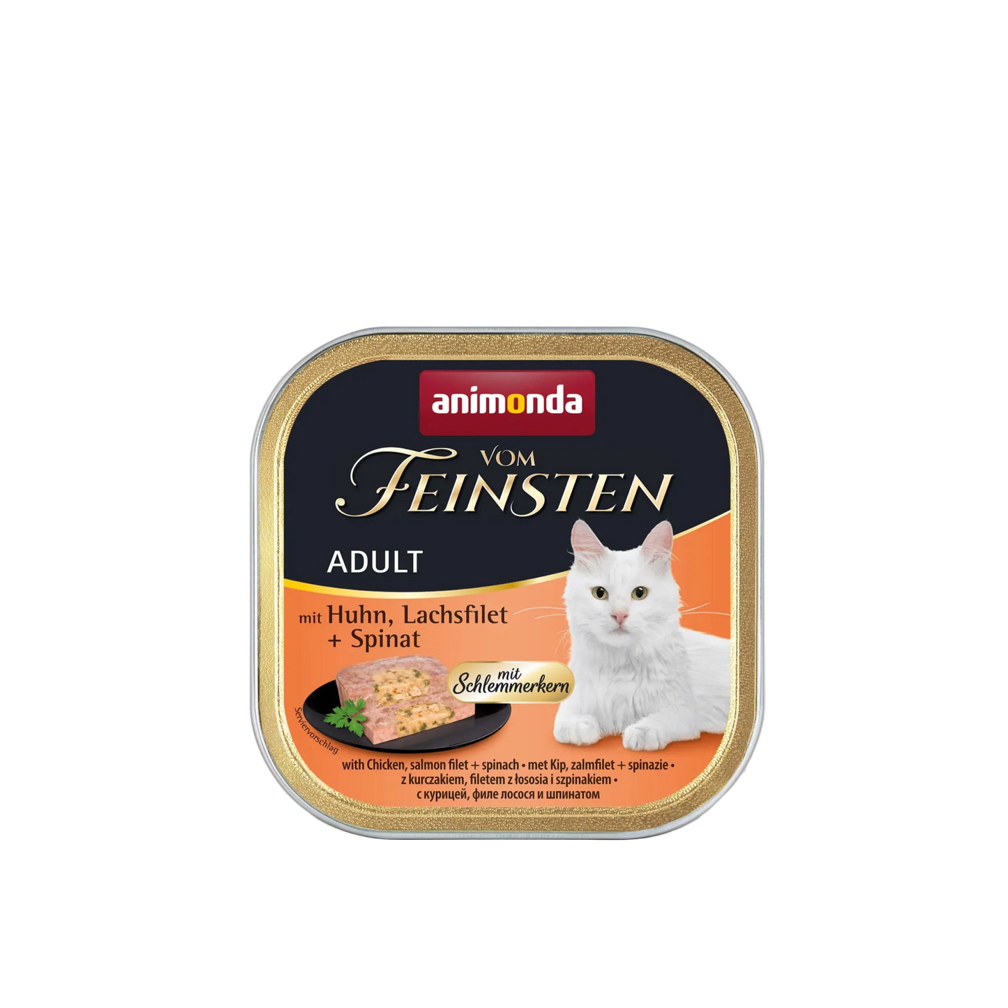 Vom Feinsten Adult mit Schlemmerkern – Huhn, Lachsfilet + Spinat Doppelter Genuss. Hohe Akzeptanz.