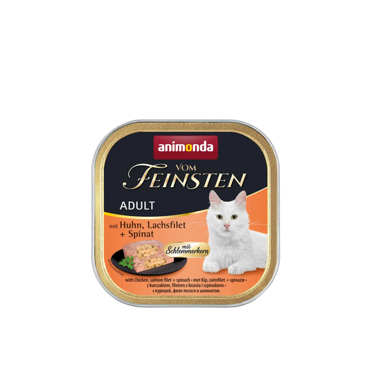 Vom Feinsten Adult mit Schlemmerkern – Huhn, Lachsfilet + Spinat Doppelter Genuss. Hohe Akzeptanz.