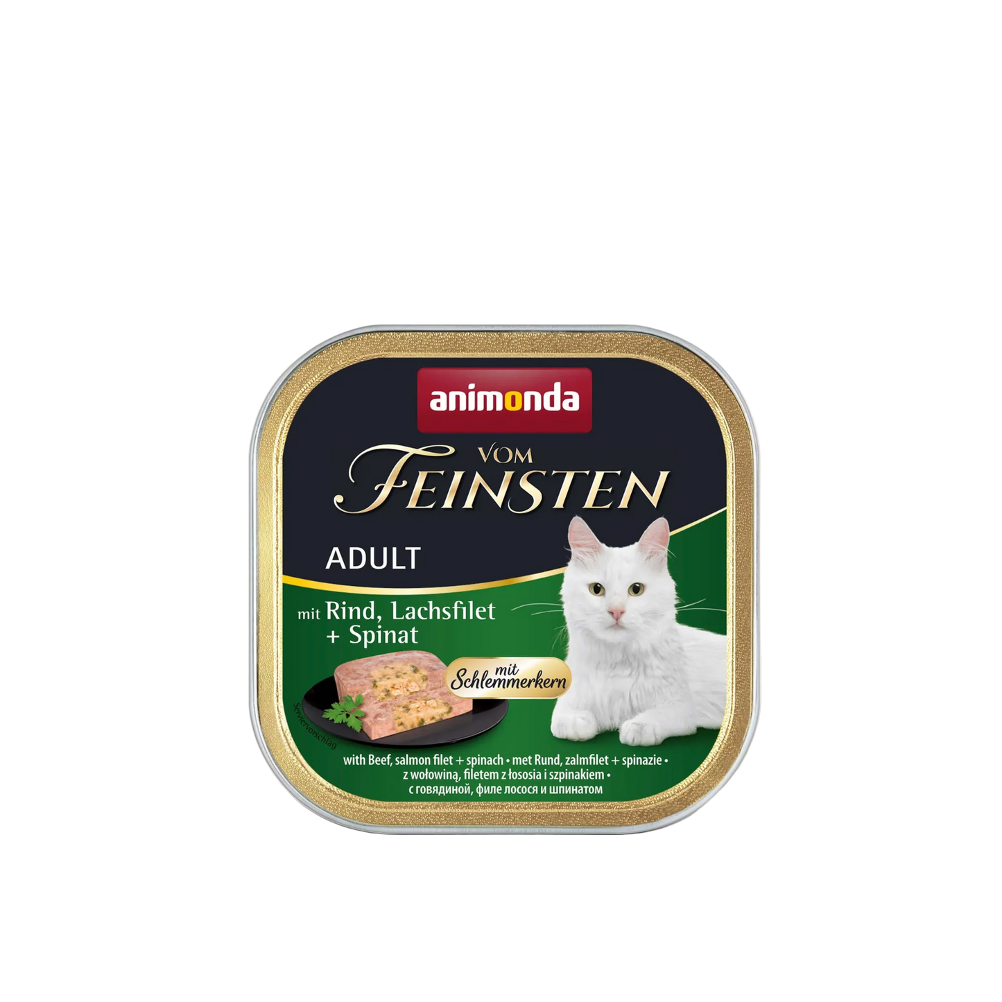 Vom Feinsten Adult mit Schlemmerkern – Rind, Lachsfilet + Spinat Mehrwert im Napf. Doppelter Genuss.
