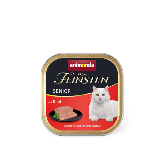 Vom Feinsten Senior Pastete mit Rind Gezielte Premium-Ernährung für vitale Genussmomente im besten Katzenalter.