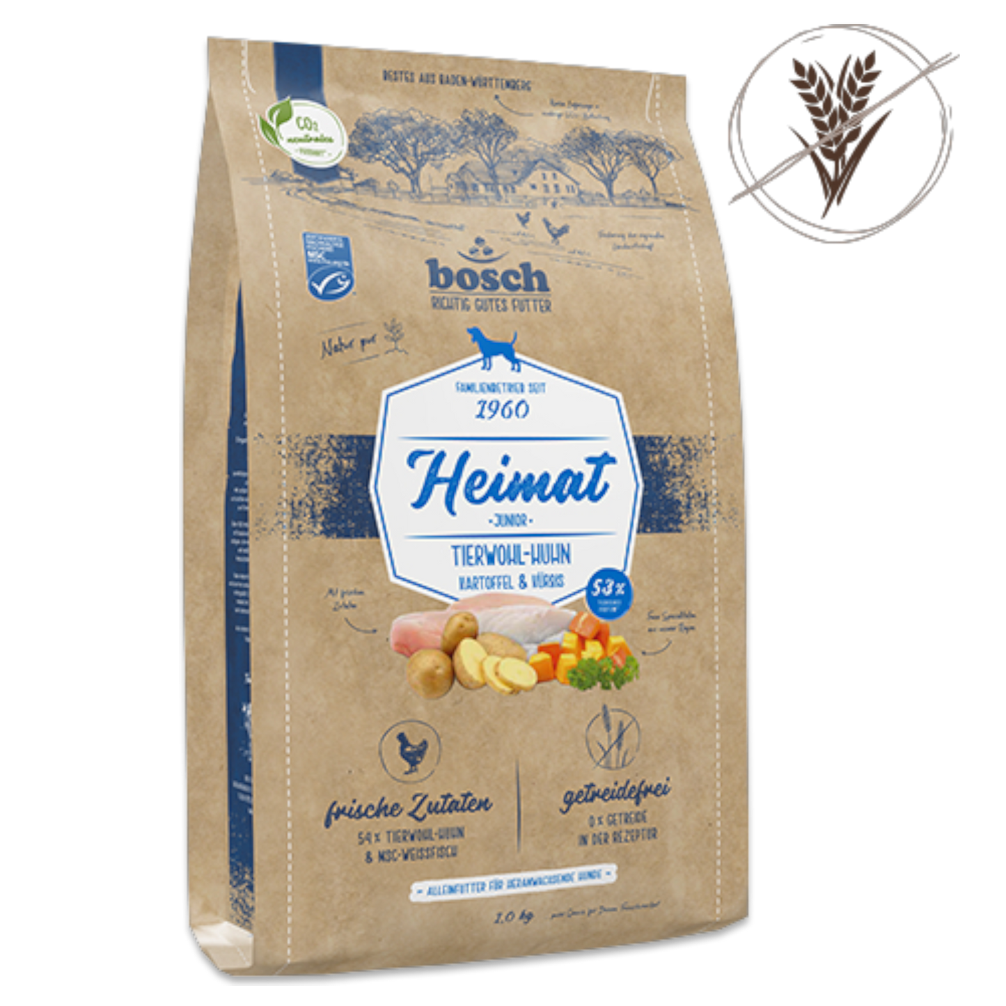 bosch Heimat Junior – Getreidefreies Premium-Menü mit frischem Tierwohl-Huhn & MSC-Fisch