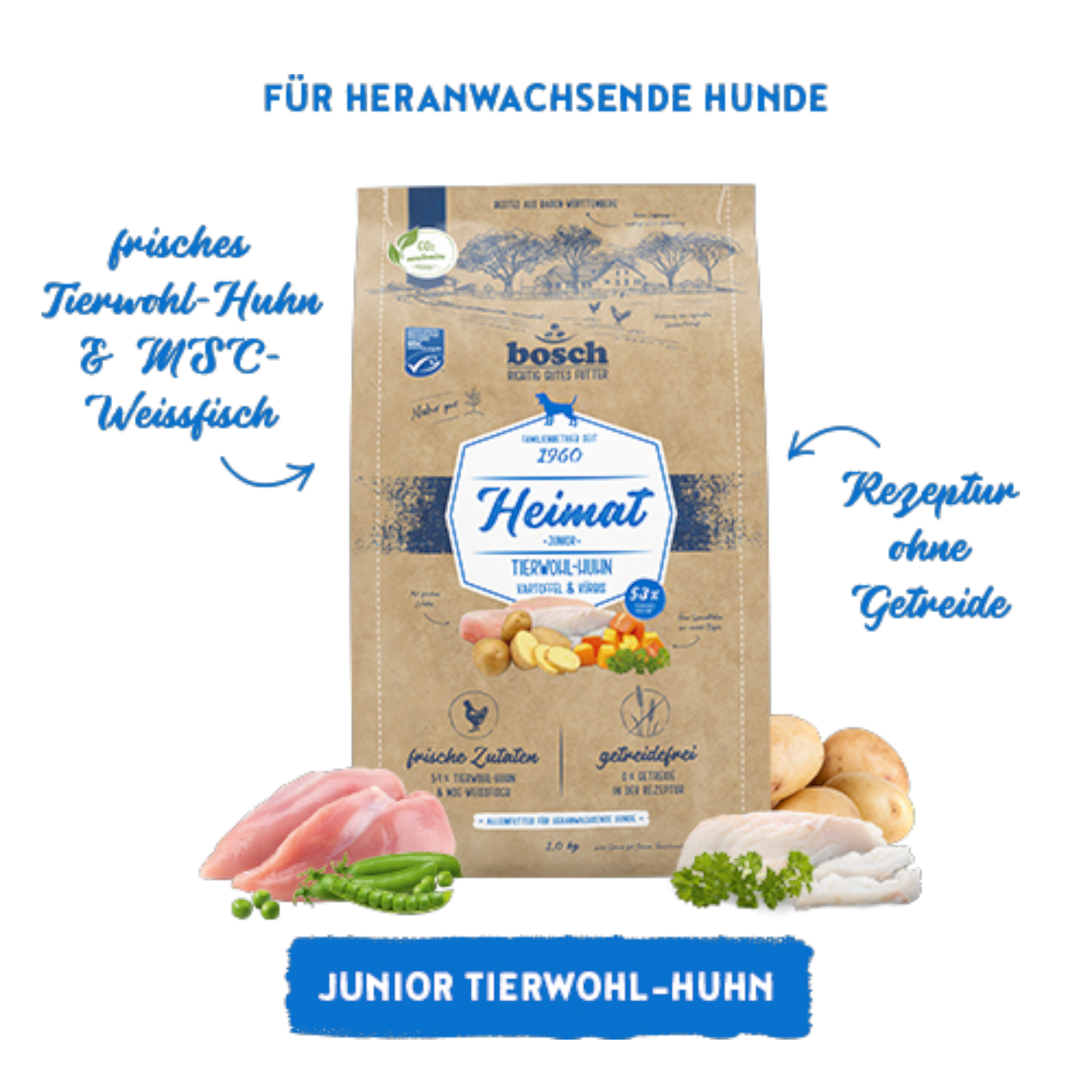 bosch Heimat Junior – Getreidefreies Premium-Menü mit frischem Tierwohl-Huhn & MSC-Fisch