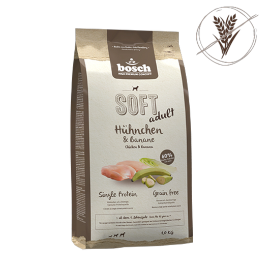 bosch SOFT Adult Hühnchen & Banane  Single Animal Protein · softe Krokette · getreidefrei