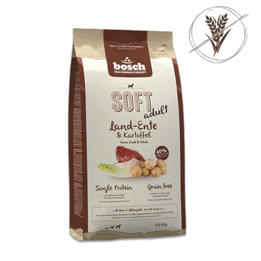 bosch SOFT Adult Land-Ente & Kartoffel  Single Animal Protein · softe Krokette · getreidefrei