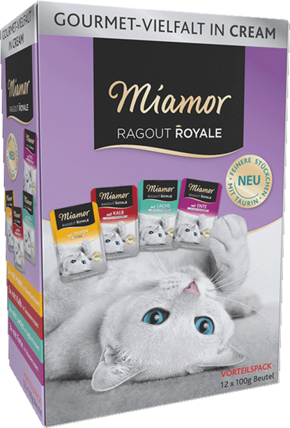 Miamor Ragout Royale in Cream – Multibox Adult Lachs, Kalb, Ente & Huhn (12 x 100g)
