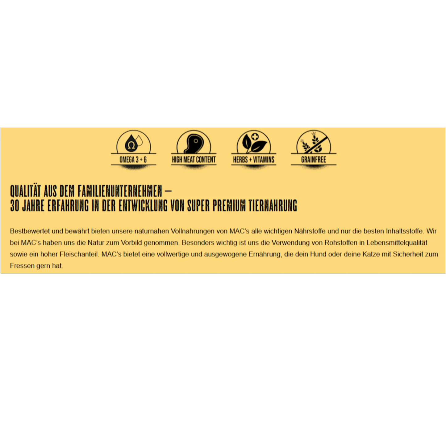 Dein Fellnasen Shop Infografik zu MACs Hundefutter mit Informationen zu Omega 3 und 6, hohem Fleischanteil und Getreidefreiheit