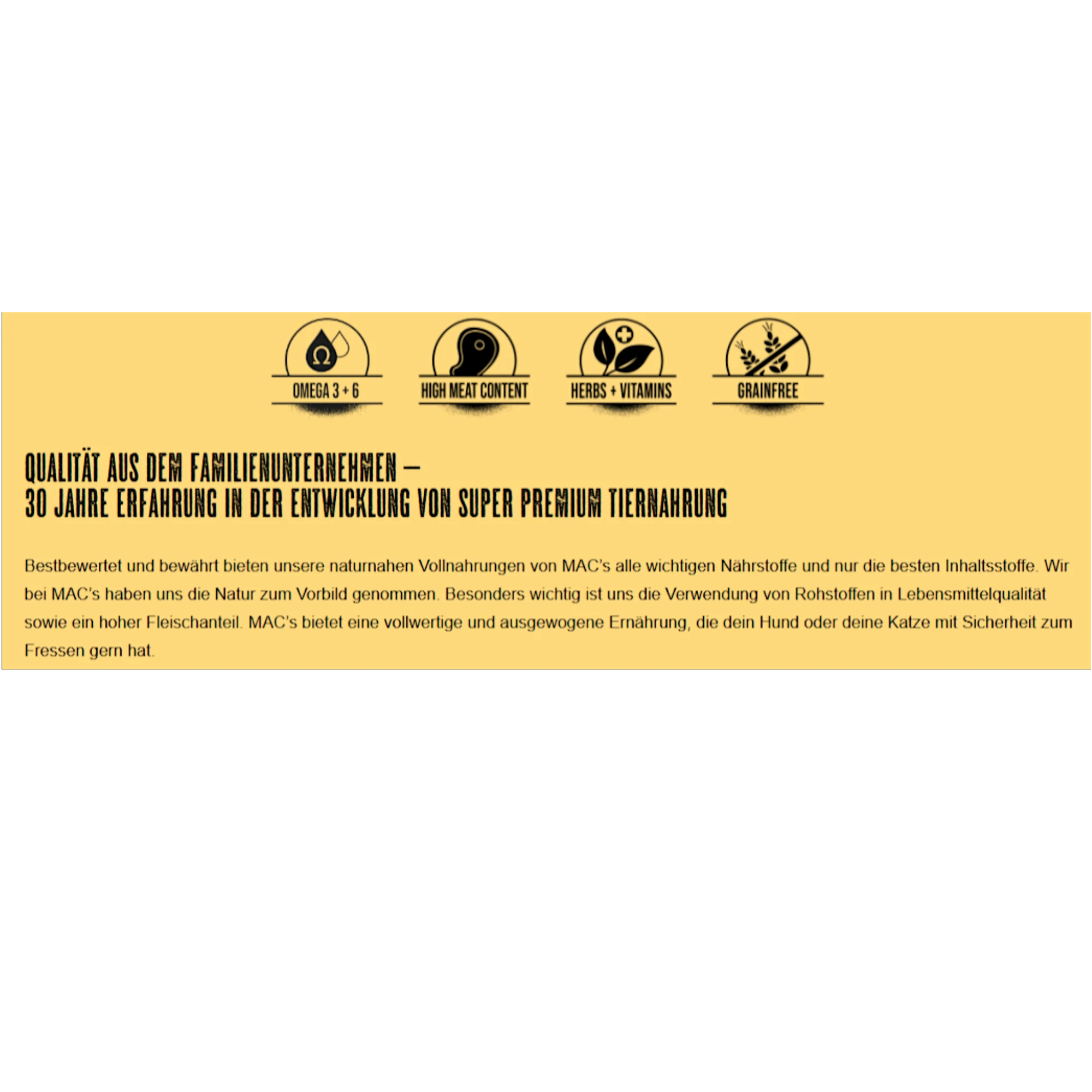 Dein Fellnasen Shop Infografik zu MACs Hundefutter mit Informationen zu Omega 3 und 6, hohem Fleischanteil und Getreidefreiheit