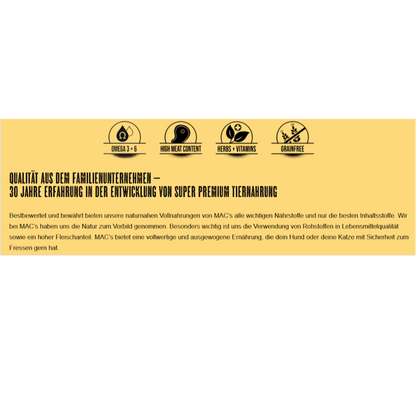 Dein Fellnasen Shop Infografik zu MACs Hundefutter mit Informationen zu Omega 3 und 6, hohem Fleischanteil und Getreidefreiheit