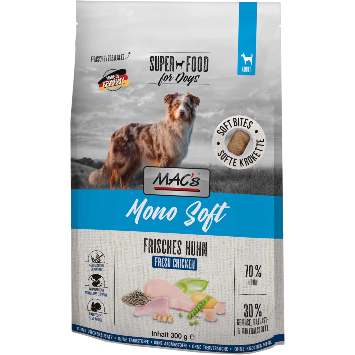 Dein Fellnasen Shop MAC's Mono Soft Hundefutter mit Huhn, getreidefreie halbfeuchte Kroketten im 300g Beutel
