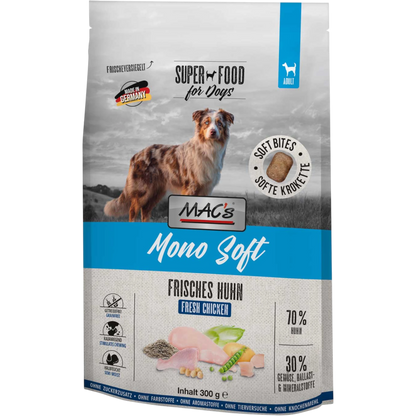 Dein Fellnasen Shop MAC's Mono Soft Hundefutter mit Huhn, getreidefreie halbfeuchte Kroketten im 300g Beutel