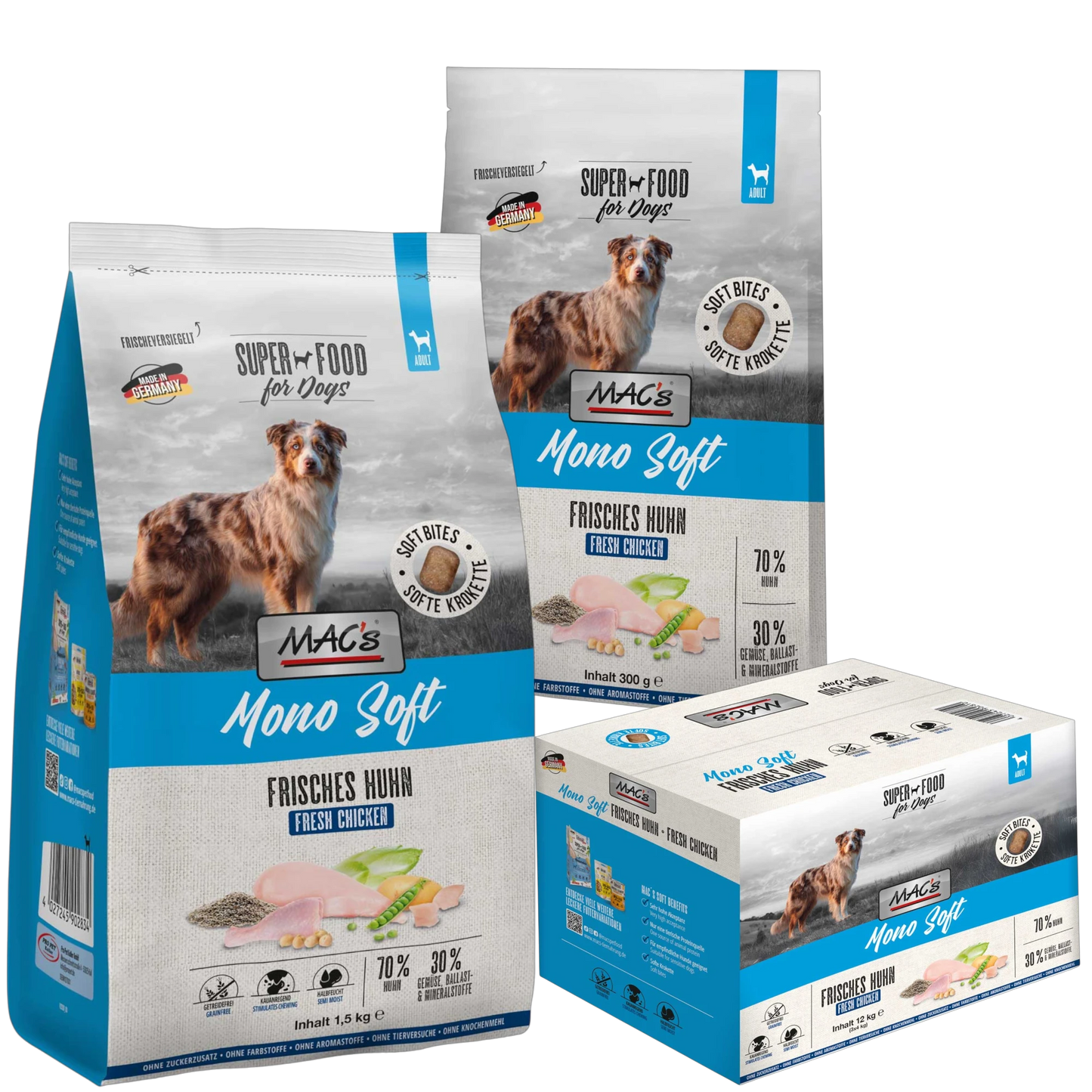 Dein Fellnasen Shop MAC's Mono Soft Frisches Huhn Hundefutter in verschiedenen Packungsgrößen mit 70% Hühnerfleisch.