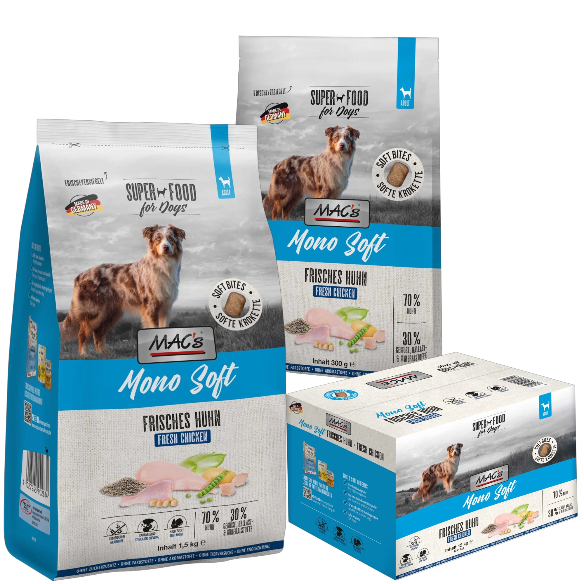 Dein Fellnasen Shop MAC's Mono Soft Frisches Huhn Hundefutter in verschiedenen Packungsgrößen mit 70% Hühnerfleisch.