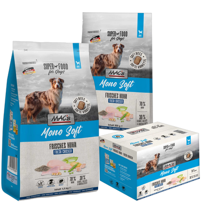 Dein Fellnasen Shop MAC's Mono Soft Frisches Huhn Hundefutter in verschiedenen Packungsgrößen mit 70% Hühnerfleisch.