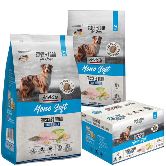 Dein Fellnasen Shop MAC's Mono Soft Frisches Huhn Hundefutter in verschiedenen Packungsgrößen mit 70% Hühnerfleisch.
