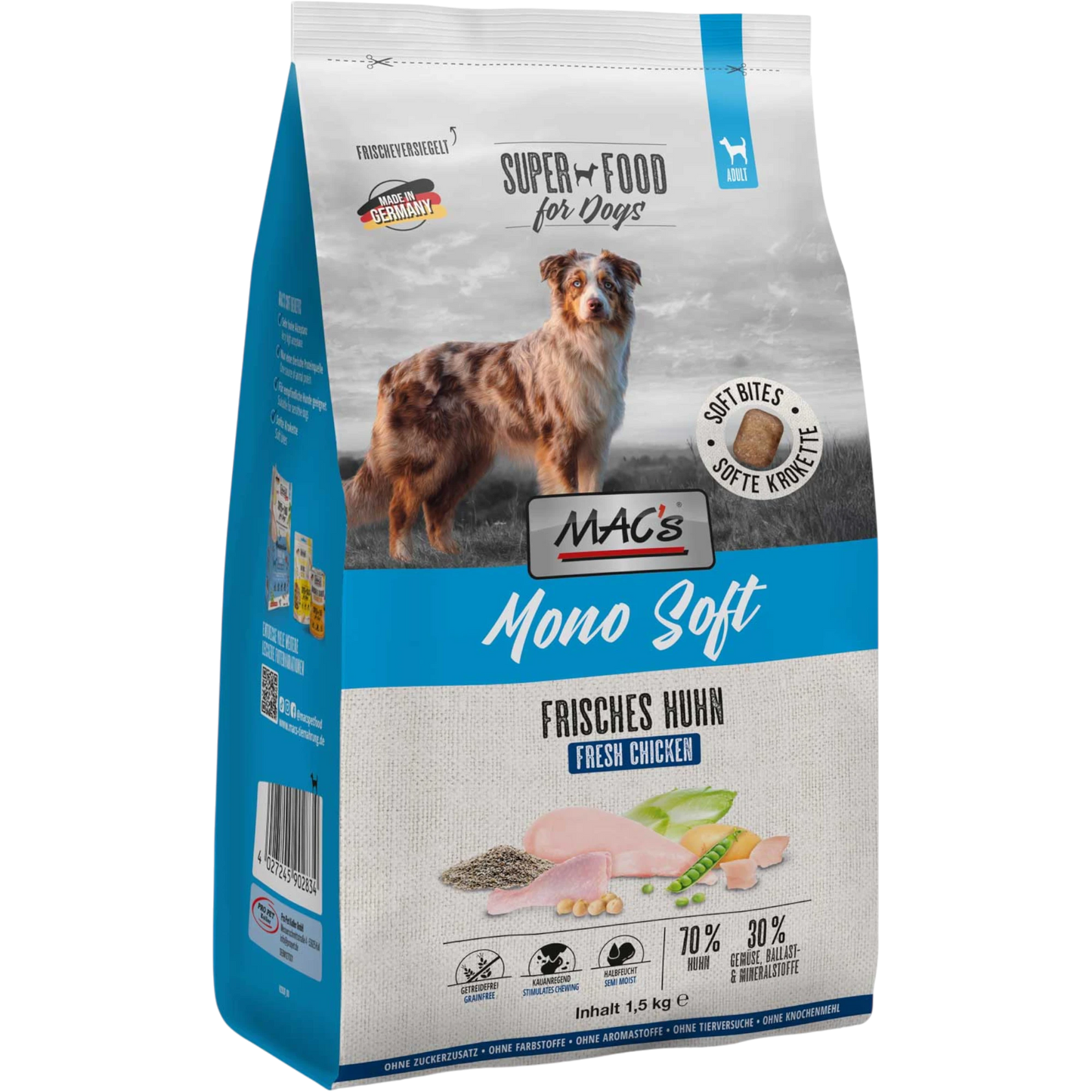 Dein Fellnasen Shop MAC's Mono Soft Frisches Huhn Hundefutter im 1,5 kg Beutel mit 70% Huhn und getreidefreier Rezeptur
